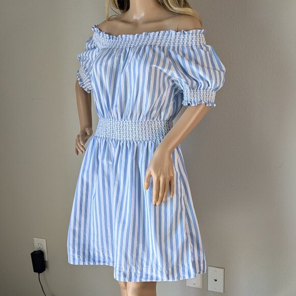 J Crew Mini Dress Women's Medium Blue White Stripe Off-Shoulder Smocked Poplin - Picture 3 of 14